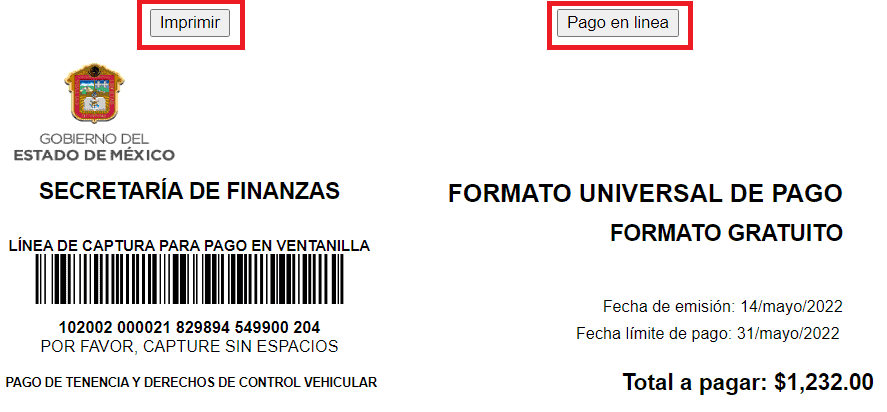 imprimir pago tenencia estado de mexico